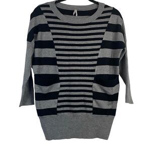 Max Womens Striped Pattern Rib Crew Neck Long Sleeve Sweater Gray & Black Medium